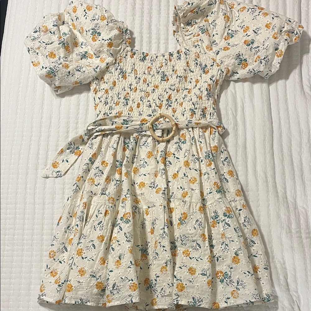 Smocked Puff Sleeve Floral Dress - Cream with Yellow Flowers